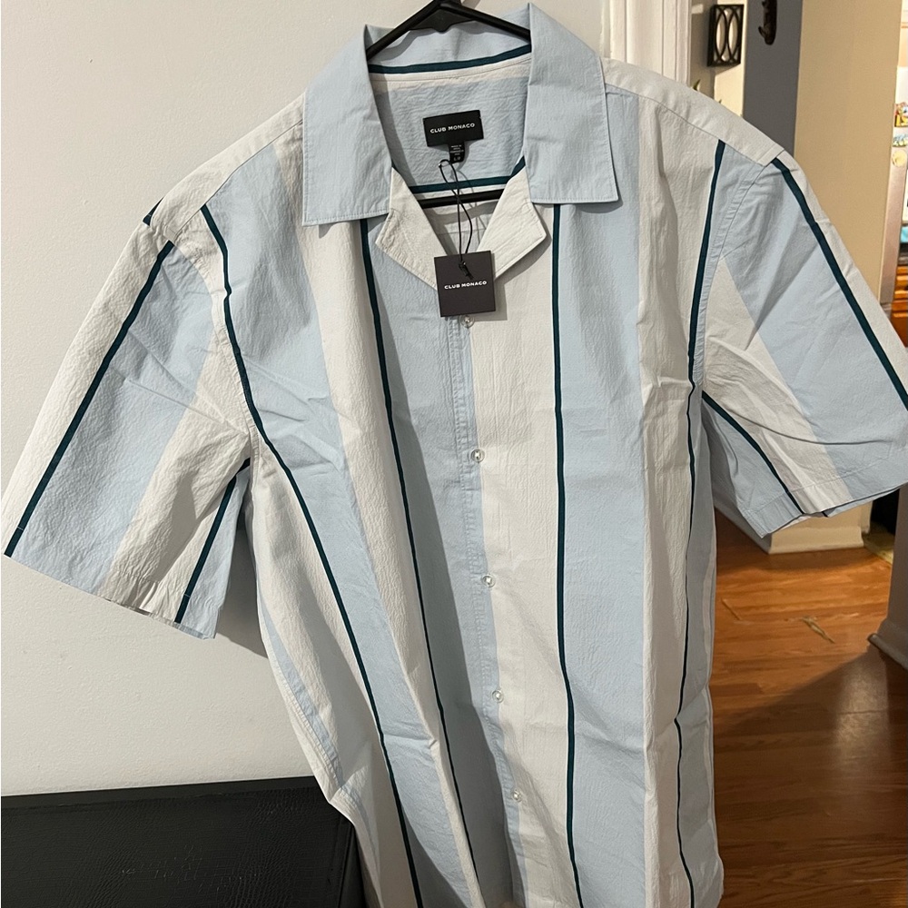 Club Monaco Blue and White Striped Casual Button Down Shirt